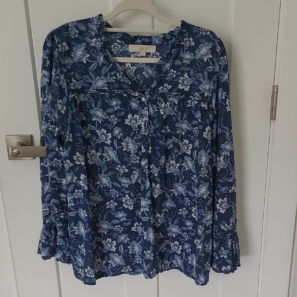 LOFT Navy Blue Floral Tie-Neck Long Sleeve Blouse